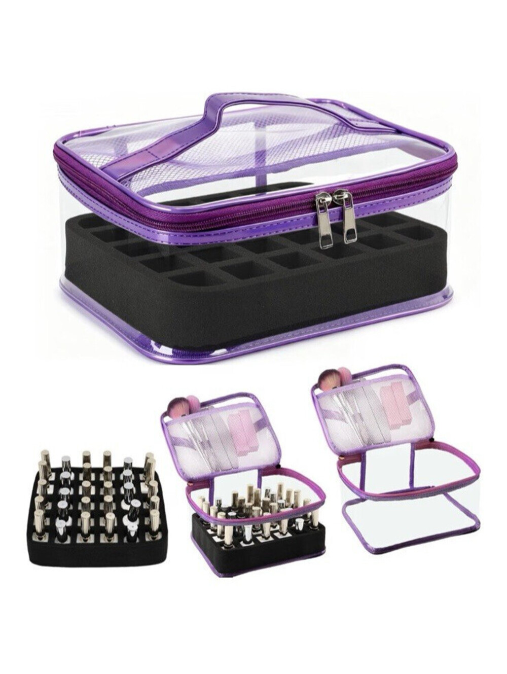 Clear Nail Polish Organizer Case Holds 30 Bottles Purple Trim Travel Storage Bag